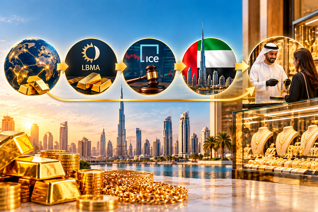 How Dubai gold rates are set through global markets, LBMA, ICE, and local jewellery retailers.