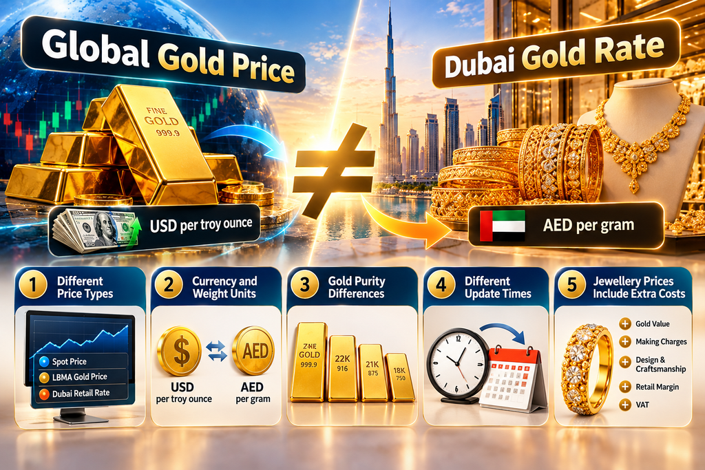 Infographic comparing Dubai gold rates with global gold prices, highlighting differences in currency, purity, update times, and jewellery costs.