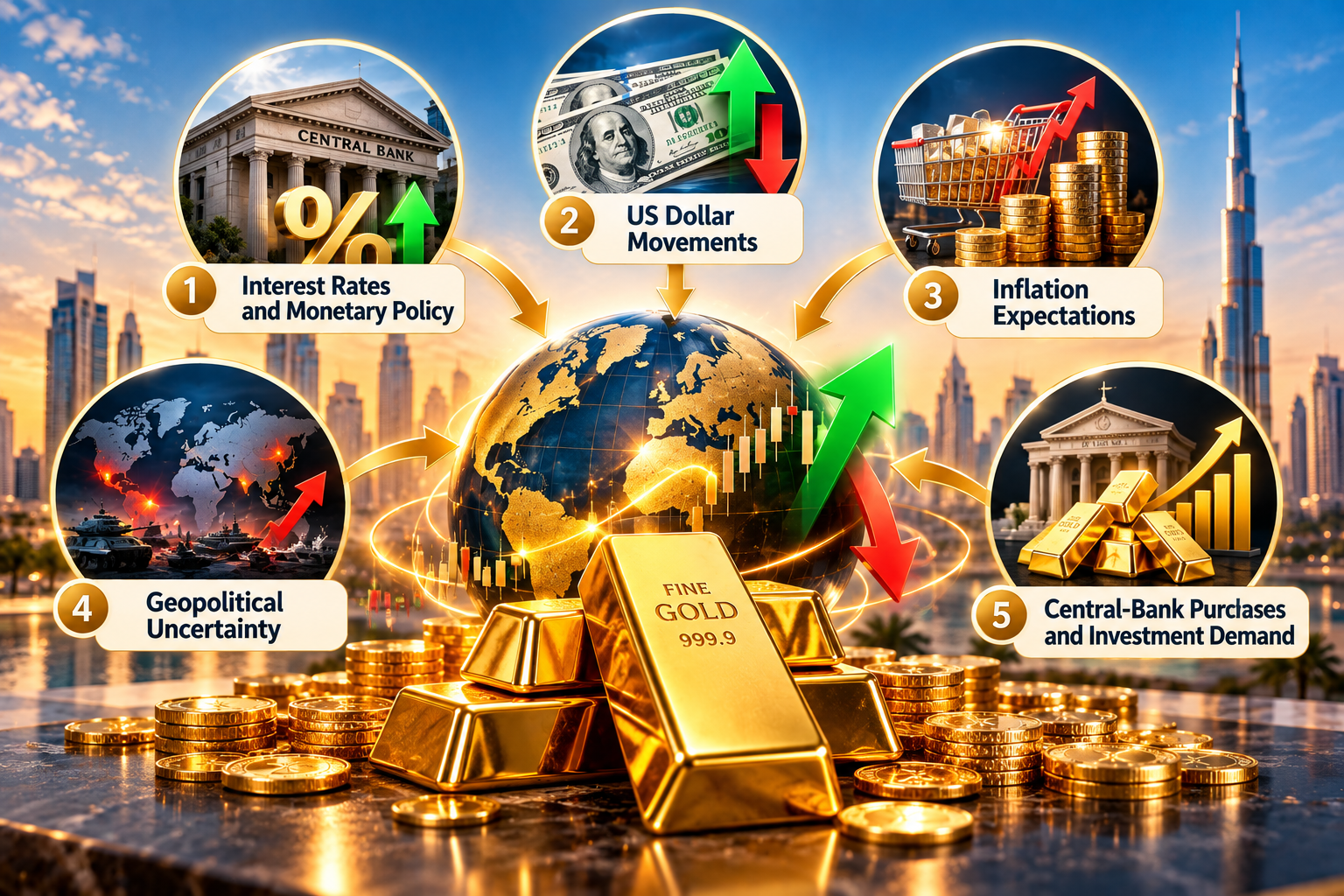 Infographic showing five key factors that influence international gold prices, including interest rates, US dollar movements, inflation, geopolitical uncertainty, and investment demand.