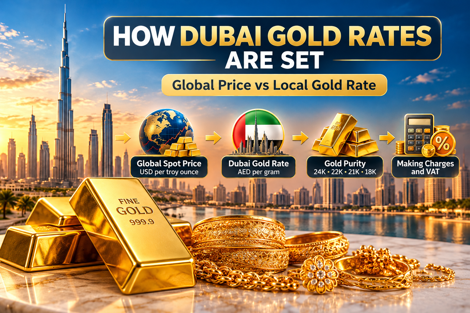 How Dubai gold rates are set, showing global gold prices, Dubai gold rates, purity levels, and jewellery charges.